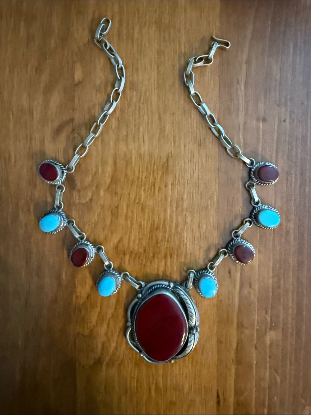 Sterling Silver Genuine Coral Turquoise Southwestern Statement Necklace